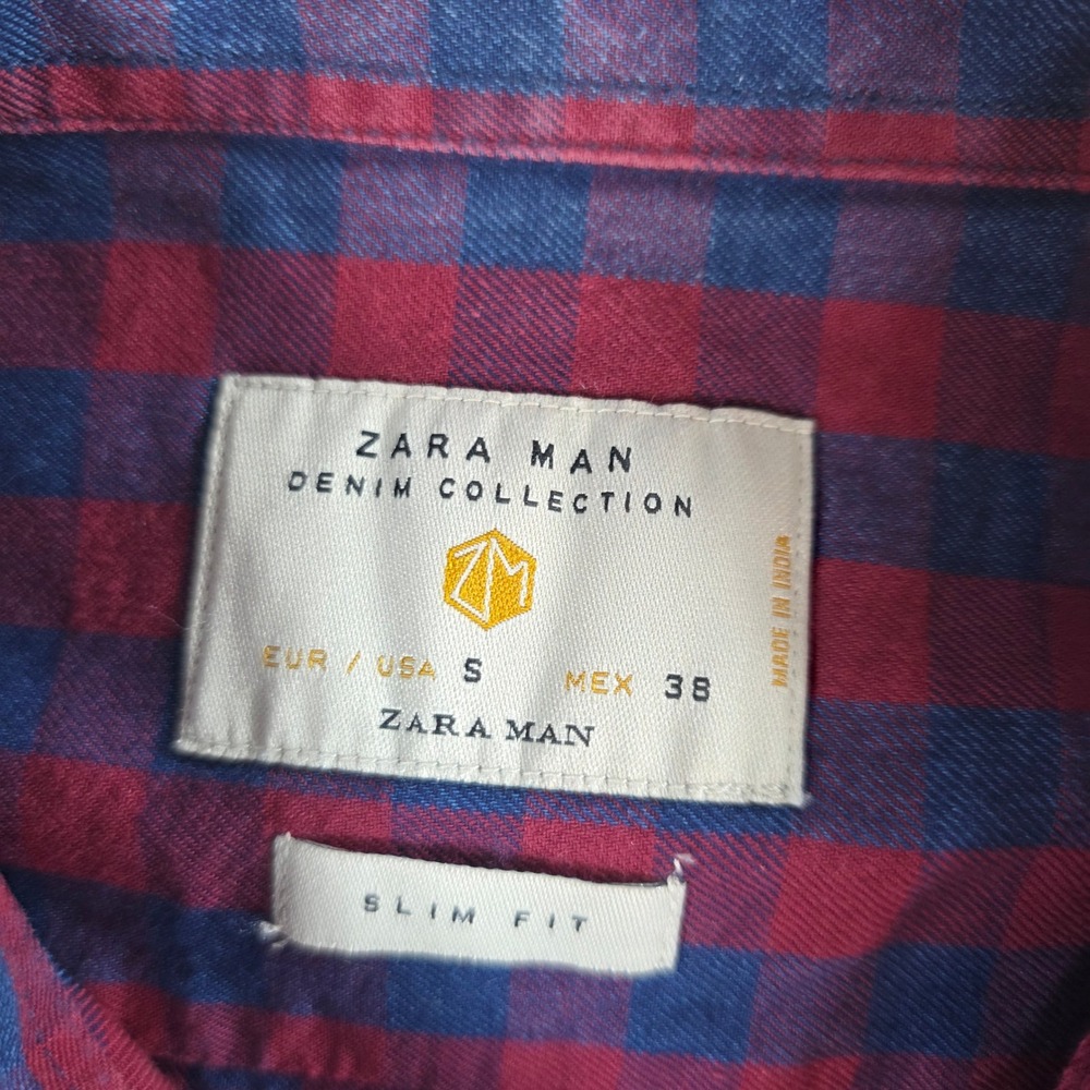 Zara Man Mens Small Red Blue Check Slim Fit Button Down Denim Collection Shirt‎ - Picture 2 of 9